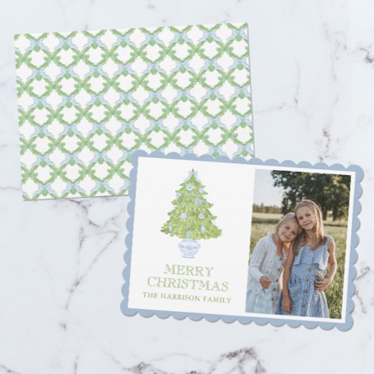 Waterverf Blue Chinoiserie kerstboom Foto Feestdagenkaart