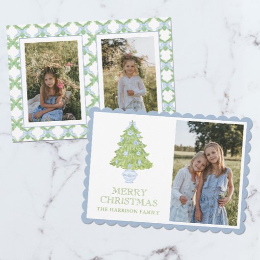 Waterverf Blue Chinoiserie kerstboom Foto Feestdagenkaart