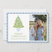 Waterverf Blue Chinoiserie kerstboom Foto Feestdagenkaart (Voorkant)