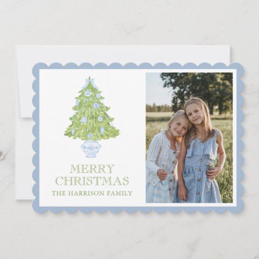 Waterverf Blue Chinoiserie kerstboom Foto Feestdagenkaart (Voorkant)
