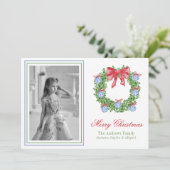 Waterverf Blue Chinoiserie Ornament krans foto Feestdagenkaart (Staand voorkant)