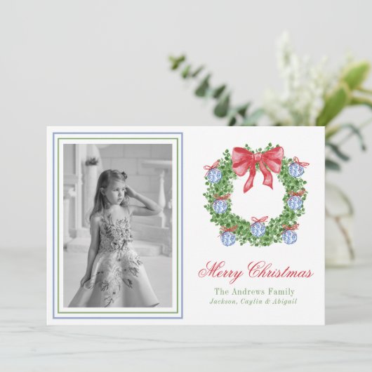 Waterverf Blue Chinoiserie Ornament krans foto Feestdagenkaart (Staand voorkant)