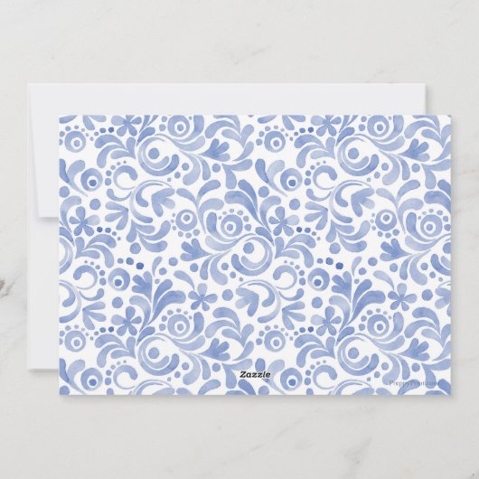 Waterverf Blue Chinoiserie Ornament krans foto Feestdagenkaart (Achterkant)