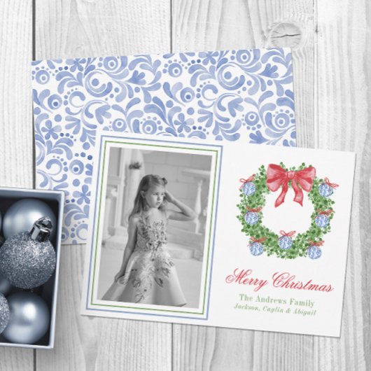 Waterverf Blue Chinoiserie Ornament krans foto Feestdagenkaart