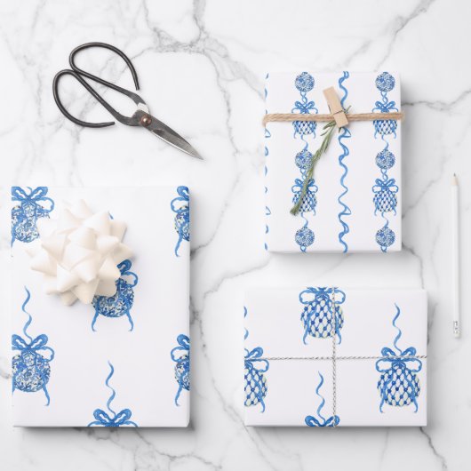 Waterverf Blue Chinoiserie Ornamenten Kerstmis Inpakpapier Vel (Voorkant)