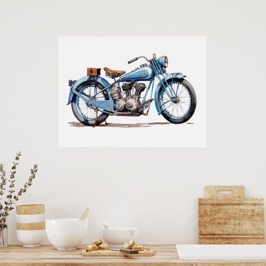 Waterverf  Blue Classic Motorcycle Poster (Keuken)