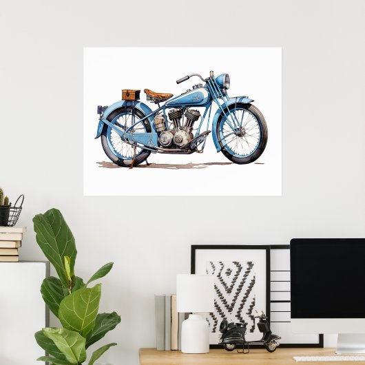 Waterverf Blue Classic Motorcycle Poster (Thuiskantoor)