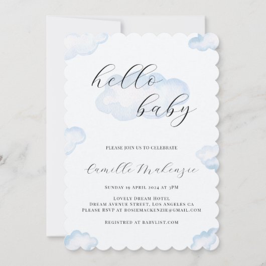Waterverf Blue Cloud Baby shower Fotouitnodiging Kaart (Voorkant)