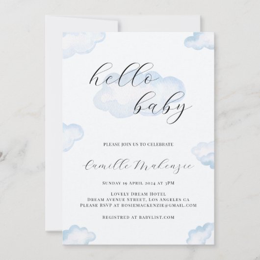 Waterverf Blue Cloud Baby shower Invitation Kaart (Voorkant)