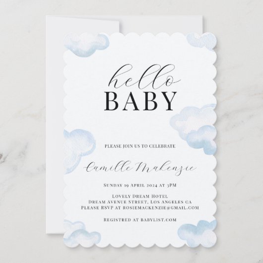 Waterverf Blue Cloud Baby shower-uitnodiging Kaart (Voorkant)