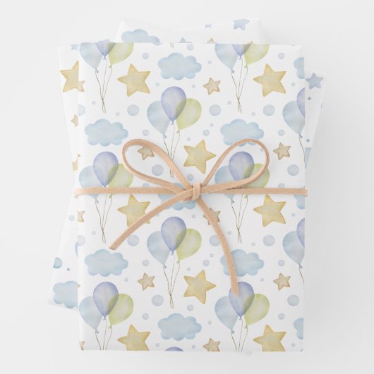 Waterverf Blue Clouds Sterren en Ballonnen Inpakpapier Vel (In situ)