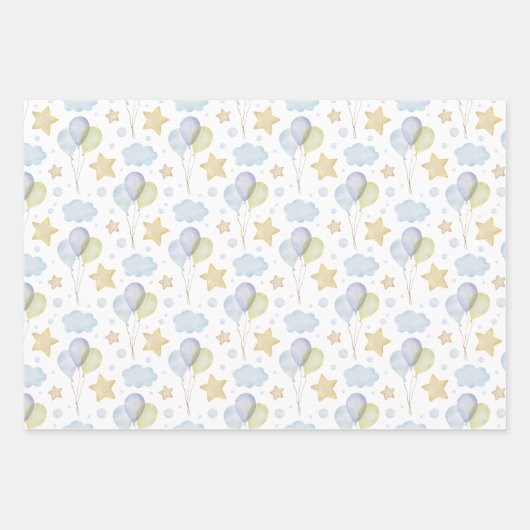 Waterverf Blue Clouds Sterren en Ballonnen Inpakpapier Vel (Voorkant)