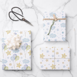 Waterverf Blue Clouds Sterren en Ballonnen Inpakpapier Vel
