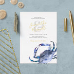 Waterverf Blue Coastal Crab Couples Shower Folie Uitnodiging<br><div class="desc">Deze tropische uitnodiging voor strandbruiloft bevat uw namen die zijn ingesteld in een stijlvolle handgeschreven folie script-typografie met gebeurtenisdetails in een klassiek klassieke laksteengrijze serif lettertype op een scherpe witte achtergrond met een onderste rand van mijn oorspronkelijke waterverf blauwe krab. De uitnodigingskaart keert aan een vleiende blauwe kleur terug. Een...</div>