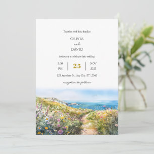 Waterverf Blue Coastal Meadow Art Beach Wedding Kaart