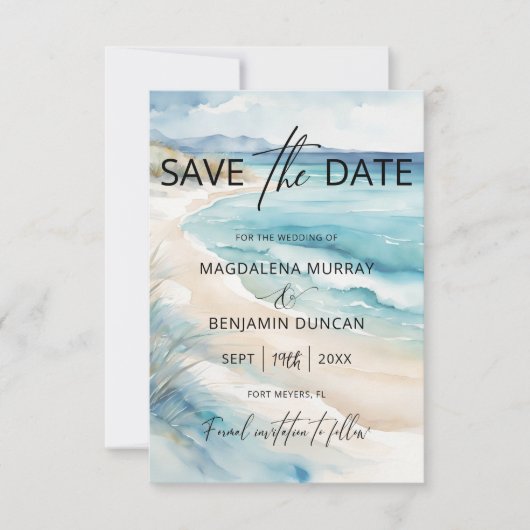 Waterverf Blue Coastal Seascape Trouwfoto Save The Date (Voorkant)