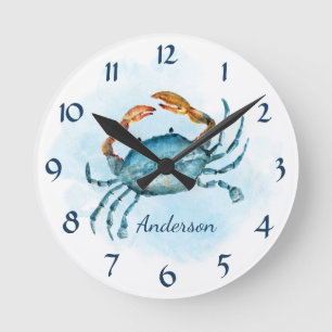 Waterverf Blue Crab Beach Coastal gepersonaliseerd Ronde Klok