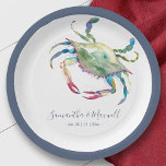 Waterverf Blue Crab Beach Wedding Papieren Bordje<br><div class="desc">Dit papieren bord is ontworpen om te coördineren met Do Tell A Belle's Coastal Crab Wedding Suite en bevat een replica van mijn waterverf blauwe krab. Personaliseer je naam en trouwdatum. Voor verdere aanpassingen of andere overeenkomende objecten kun je me gratis berichten. Ik ben altijd blij om te helpen.</div>