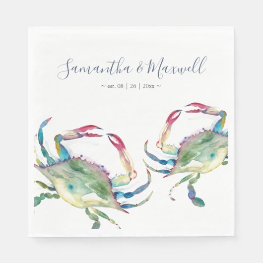 Waterverf Blue Crab Beach Wedding Personalized Na Servet (Voorkant)