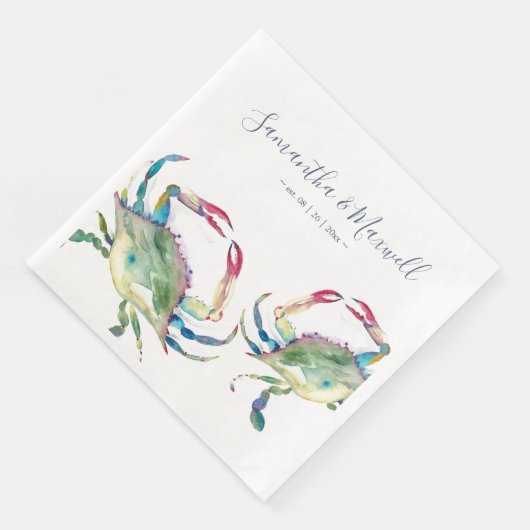 Waterverf Blue Crab Beach Wedding Personalized Na Servet (Hoek)