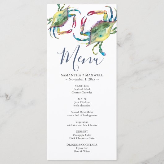 Waterverf Blue Crab Coastal Menu Kaart (Voorkant)