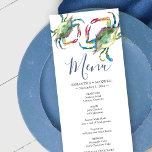 Waterverf Blue Crab Coastal Menu Kaart<br><div class="desc">Dit diner is ontworpen om te coördineren met mijn kustkrabbencollectie en kan worden gepersonaliseerd met uw namen en maaltijden. De kaart keert terug naar een stevige blauwe marinekleur. Ideaal voor strand- en nautische bruiloften. Ga naar www.zazzle.com/dotellabelle voor de volledige bruiloft van het kantoorgebouw.</div>