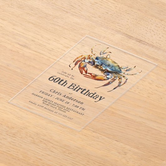 Waterverf Blue Crab Coastal Seafood 60e Verjaardag Acryl Uitnodigingen (Laagn)