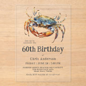 Waterverf Blue Crab Coastal Seafood 60e Verjaardag Acryl Uitnodigingen (Voorkant)