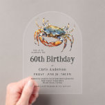 Waterverf Blue Crab Coastal Seafood 60e Verjaardag Acryl Uitnodigingen<br><div class="desc">De perfecte verjaardagsuitnodiging voor het vieren van een speciale 60e verjaardag met een diner langs de kust, dit stijlvolle acrylboogvormige uitnodigingsontwerp is voorzien van een blauwe krab in levendige waterverven. De uitnodigingstekst is modern met een casual gastvrije uitstraling die zowel smaakvol als uitnodigend is. Het werkt prachtig voor hem of...</div>
