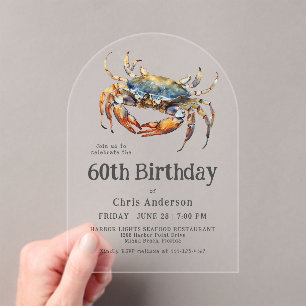 Waterverf Blue Crab Coastal Seafood 60e Verjaardag Acryl Uitnodigingen