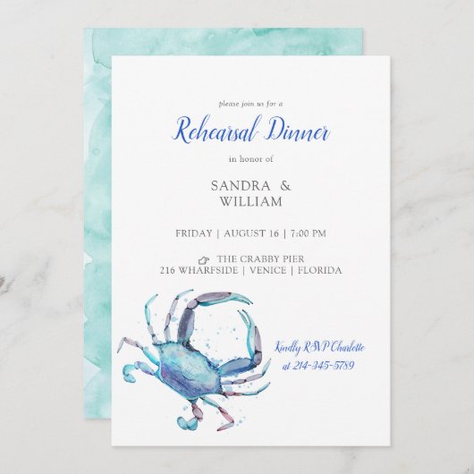Waterverf Blue Crab Coastal Vrijgezellenfeest Invi Kaart (Voorkant / Achterkant)