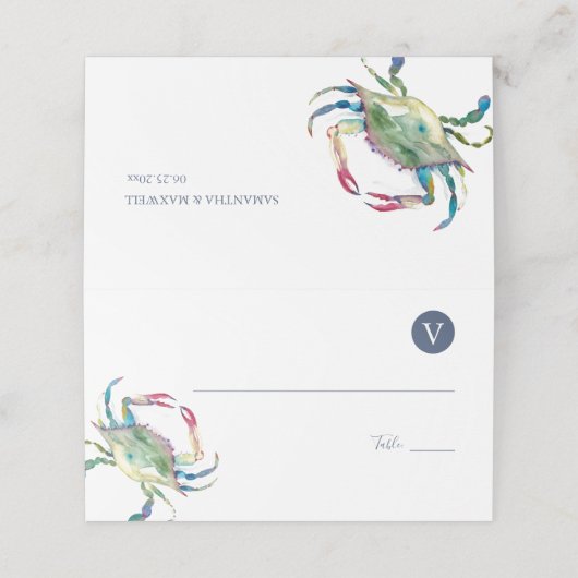 Waterverf Blue Crab Place Cards - Strandbruiloft Plaatskaartje (Buitenkant ongevouwen)