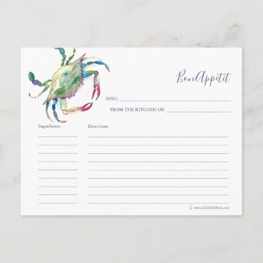 Waterverf Blue Crab Recipcard Feestdagenkaart (Achterkant)