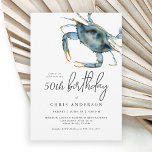 Waterverf Blue Crab Seafood 50th Birthday Kaart<br><div class="desc">De perfecte verjaardagsuitnodiging voor het vieren van een speciale 50e verjaardag met een diner langs de kust. Dit ontwerp is voorzien van een blauwe krab in de bovenhoek in levendige waterverven. De simulatietekst is modern met een casual elegantie die zowel smaakvol als gastvrij is. Het werkt prachtig voor hem of...</div>