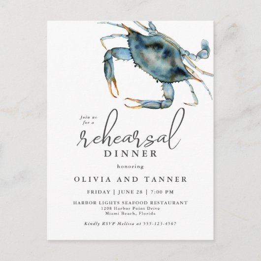 Waterverf Blue Crab Seafood Rehearsal Dinner Briefkaart (Voorkant)