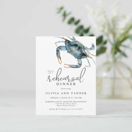 Waterverf Blue Crab Seafood Rehearsal Dinner Briefkaart (Staand voorkant)