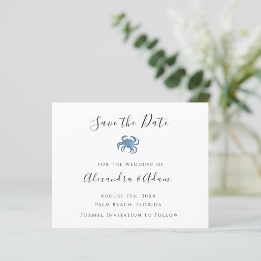 Waterverf Blue Crab Wedding Save the Date Kaarten (Staand voorkant)