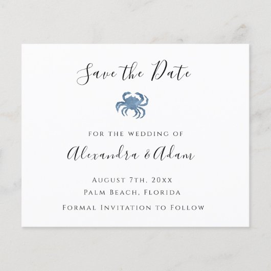 Waterverf Blue Crab Wedding Save the Date Kaarten (Voorkant)