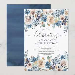 Waterverf Blue & Cream Bloemen Verjaardagsfeest Kaart