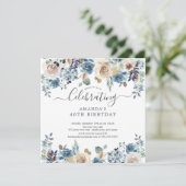Waterverf Blue & Cream Floral Birthday Party Invi Kaart (Staand voorkant)