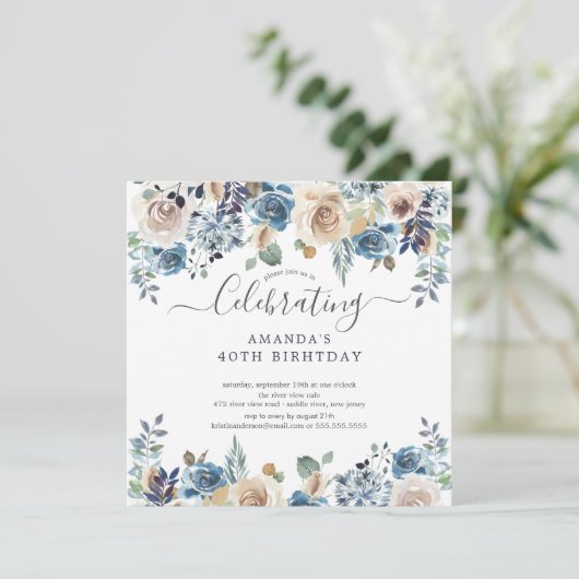 Waterverf Blue & Cream Floral Birthday Party Invi Kaart (Staand voorkant)