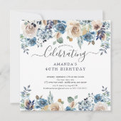 Waterverf Blue & Cream Floral Birthday Party Invi Kaart (Voorkant)
