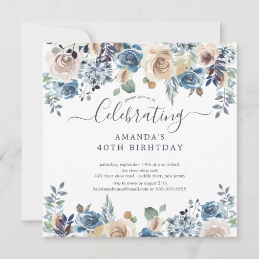Waterverf Blue & Cream Floral Birthday Party Invi Kaart (Voorkant)