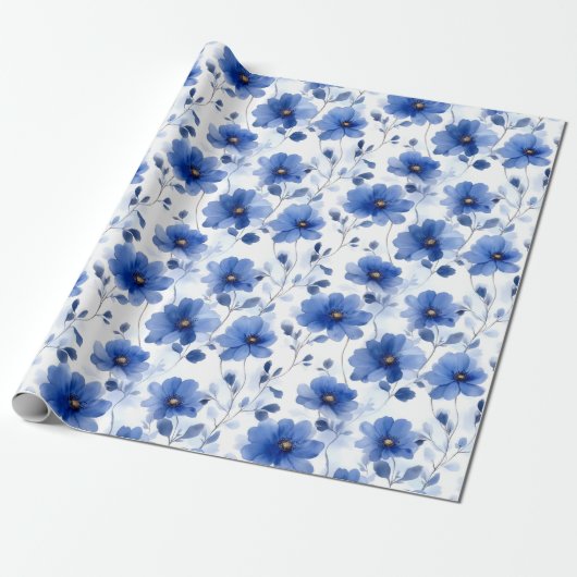 Waterverf Blue Daisy Pattern Cadeaupapier (Uitgerold)