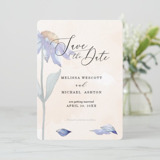 Waterverf Blue Daisy Wedding Soft Peach Save The Date (Staand voorkant)