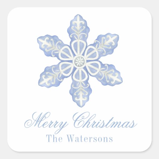 Waterverf Blue Designer Snowflake Vierkante Sticker (Voorkant)