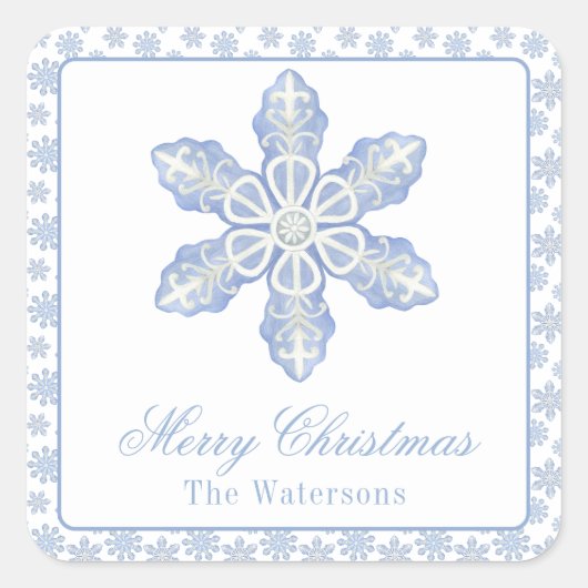 Waterverf Blue Designer Snowflake Vierkante Sticker (Voorkant)
