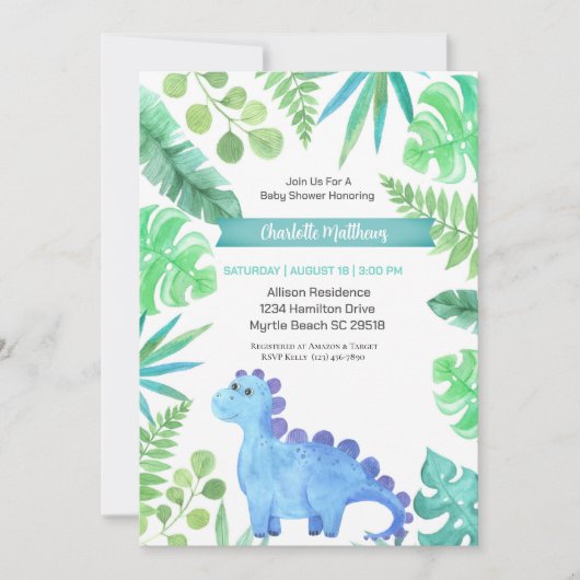 Waterverf Blue Dinosaur Boys Baby shower Kaart (Voorkant)