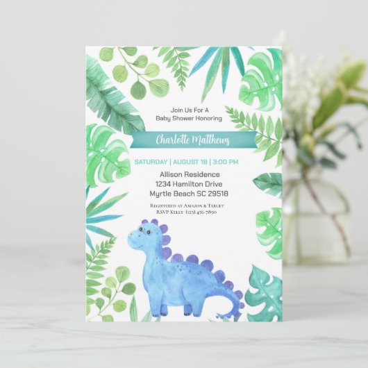 Waterverf Blue Dinosaur Boys Baby shower Kaart (Staand voorkant)