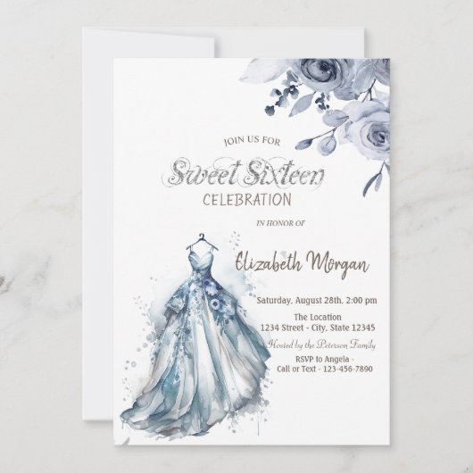 Waterverf Blue Dress Blue Rozen Sweet 16 Kaart (Voorkant)